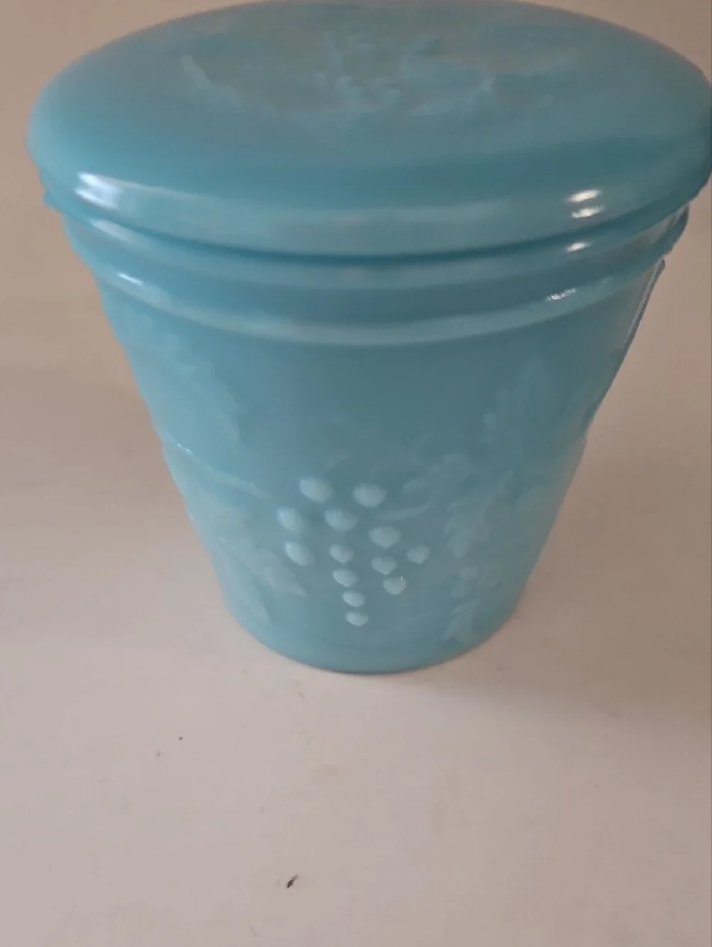 Vintage Portieux Vallerysthal French blue opaline (or milk glass) lidded jar